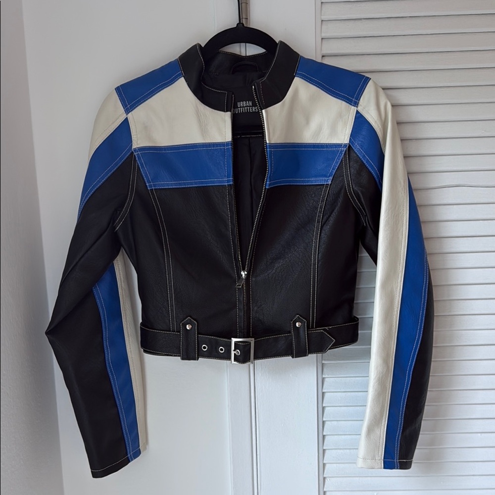 Urban Outfitters Black and Blue Leather Jacket